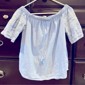 Blue off the shoulder top with white knitted design. Size extra small